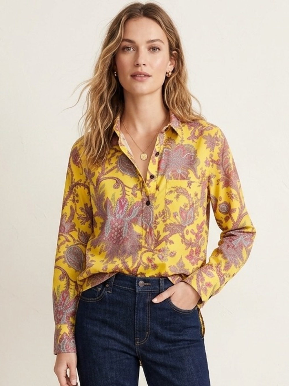 J. Crew Yellow Floral Paisley Button-Up Blouse 6